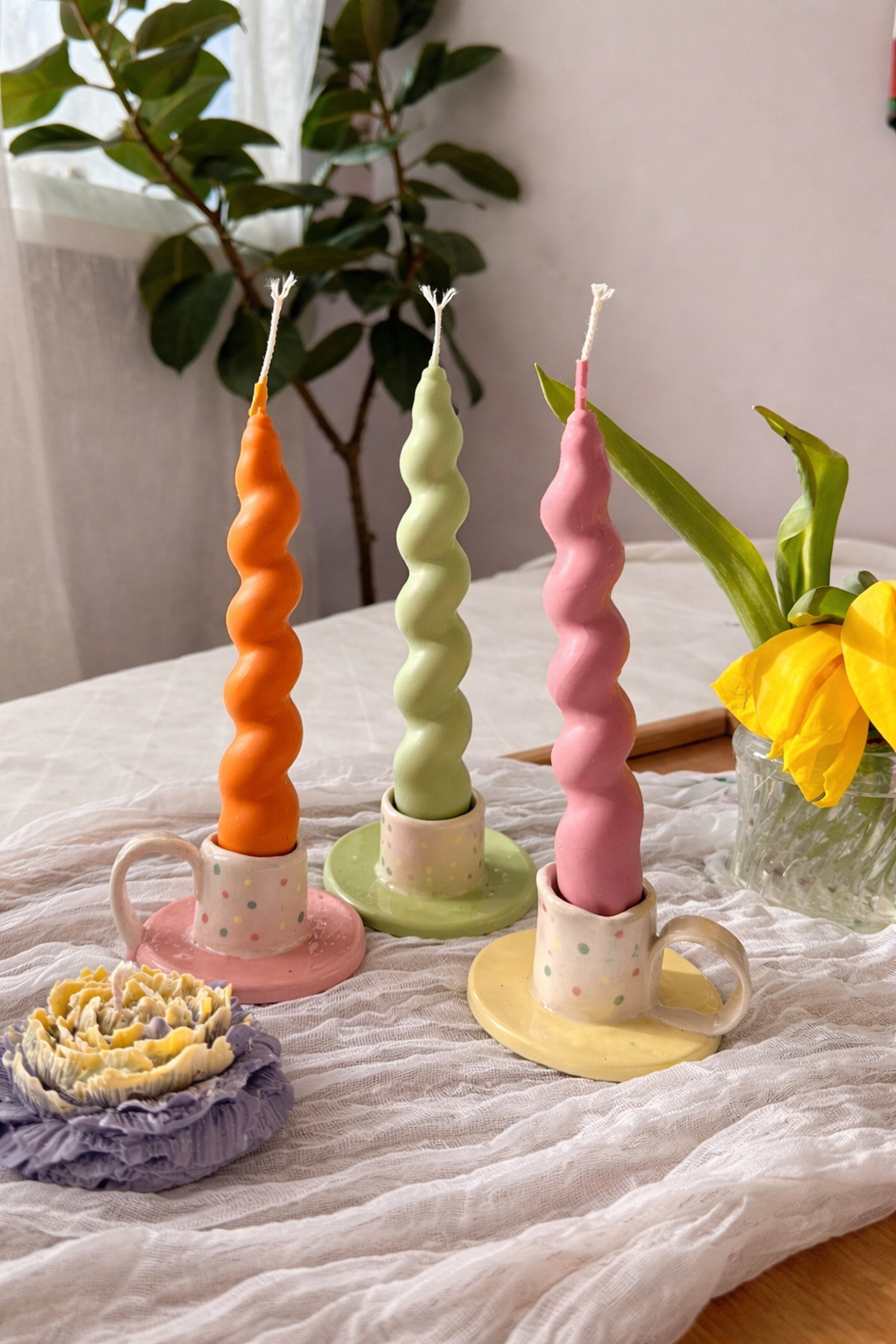 Renkli 3’lü Spiral Burgulu Mum Seti (%100 Soya Wax)